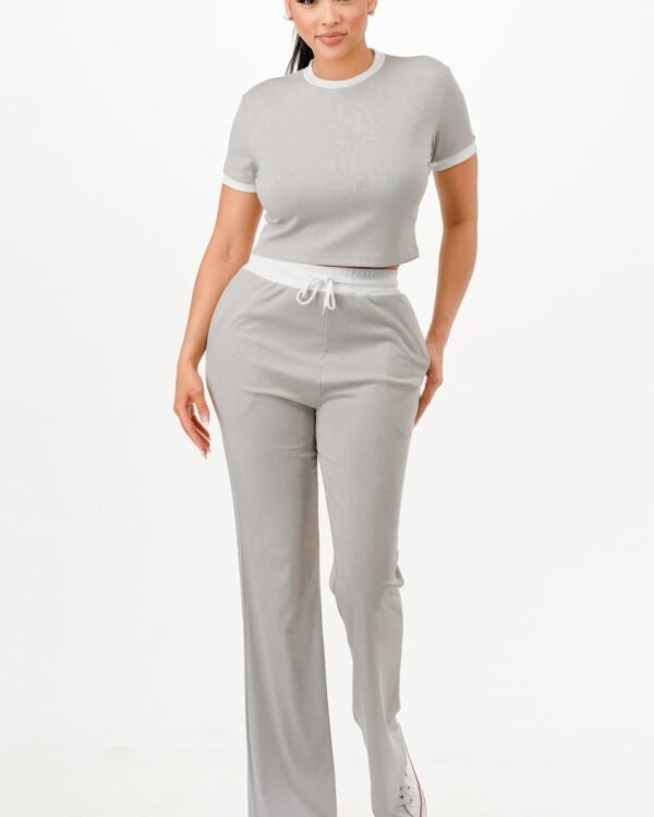 Ribbed Contrast Binding Top And Pants Set