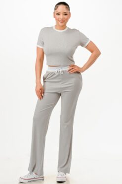 Ribbed Contrast Binding Top And Pants Set