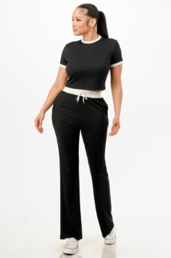 Ribbed Contrast Binding Top And Pants Set