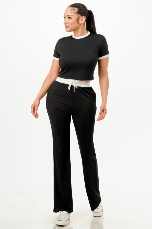 Ribbed Contrast Binding Top And Pants Set - Image 18