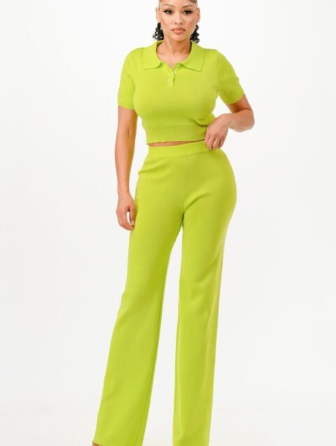 Cropped Polo Sweater Shirt And Pants Set