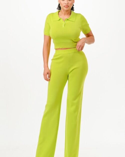 Cropped Polo Sweater Shirt And Pants Set