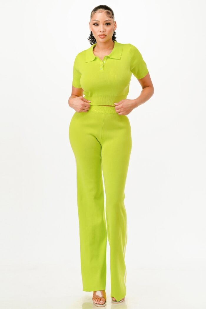 Cropped Polo Sweater Shirt And Pants Set - Image 2