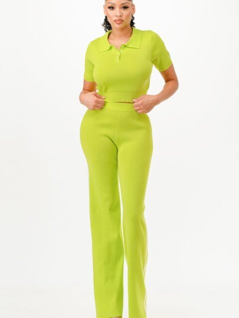 Cropped Polo Sweater Shirt And Pants Set