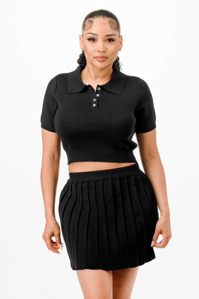 Cropped Polo Sweater Shirt And Skirt Set - Image 9