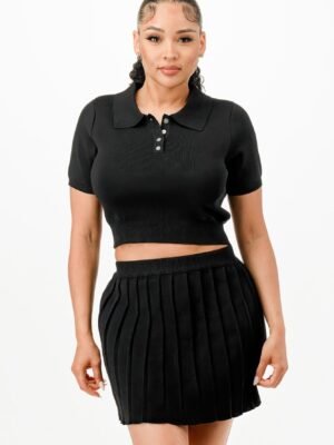 Cropped Polo Sweater Shirt And Skirt Set Cropped Polo Sweater Shirt And Skirt Set