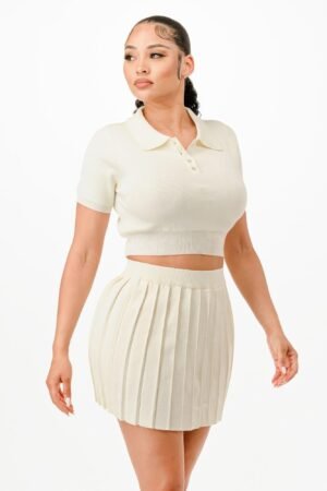 Cropped Polo Sweater Shirt And Skirt Set