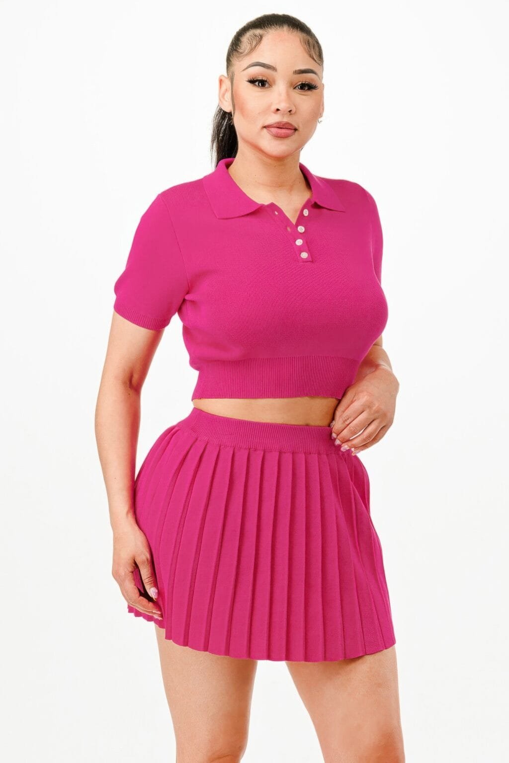 cropped polo sweater shirt and skirt set