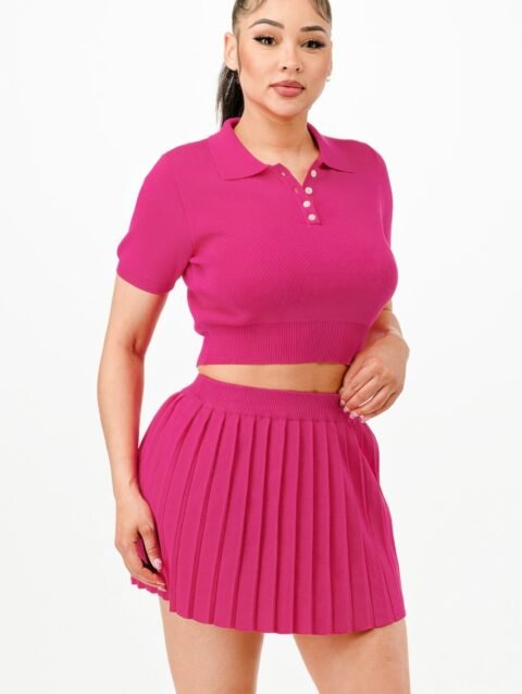 Cropped Polo Sweater Shirt And Skirt Set