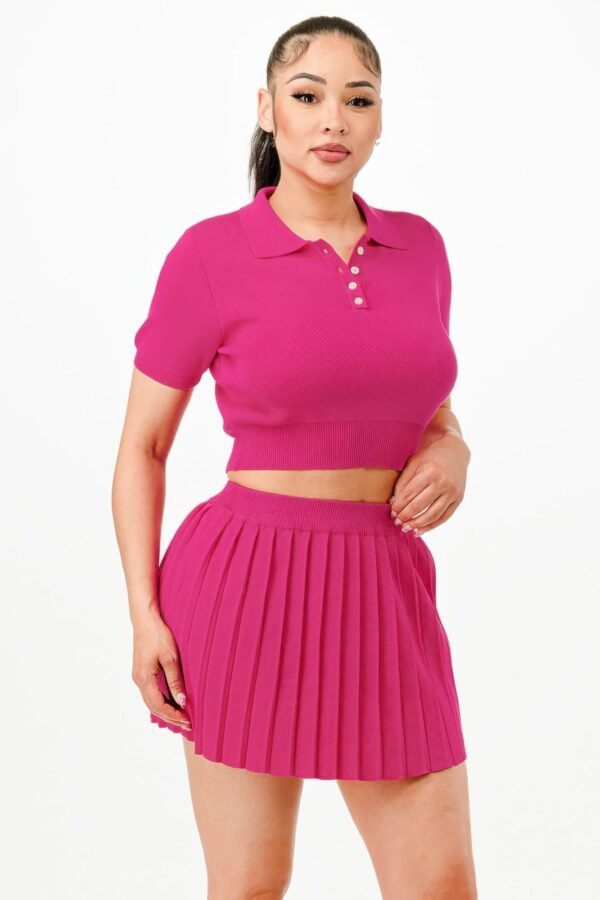 Cropped Polo Sweater Shirt And Skirt Set