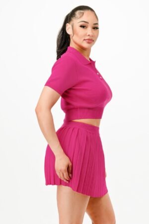 Cropped Polo Sweater Shirt And Skirt Set
