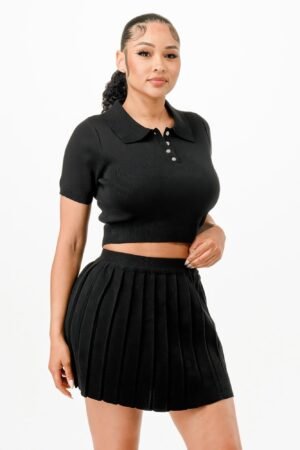 Cropped Polo Sweater Shirt And Skirt Set