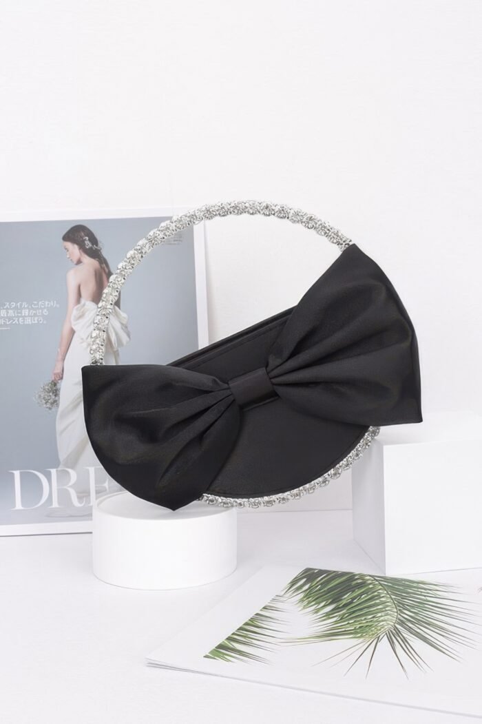 Satin Ribbon Round Rhinestone Metal Clutch - Image 1
