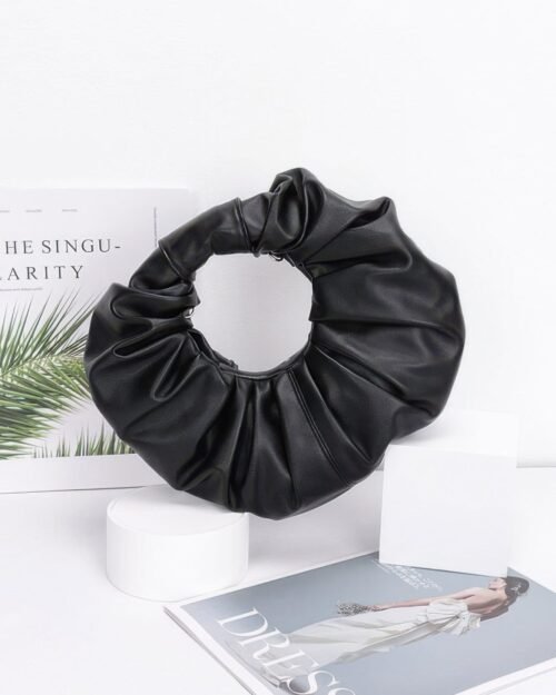 Faux Leather Pleated Handle Clutch