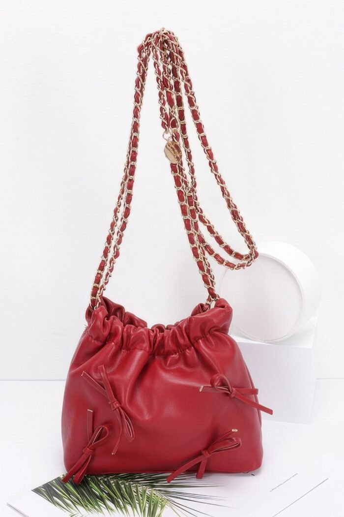 Faux Leather Multi Ribbon Bucket Chaincrossbodybag - Image 3