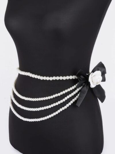 Layered Faux Pearl Flower Ribbon Belt