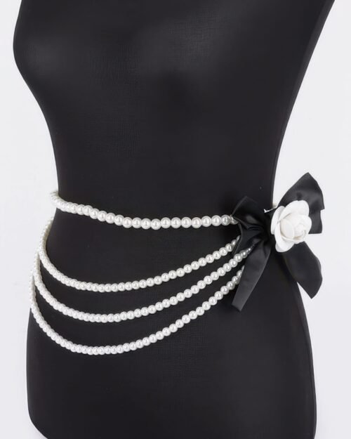 Layered Faux Pearl Flower Ribbon Belt