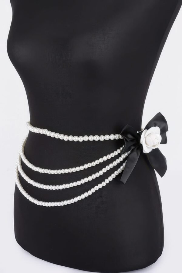 Layered Faux Pearl Flower Ribbon Belt