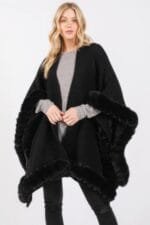 Faux Fur Trim Cape With Closure
