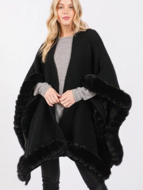 Faux Fur Trim Cape With Closure