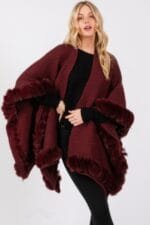 Faux Fur Trim Cape With Closure