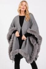 Faux Fur Trim Cape With Closure