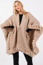 Faux Fur Trim Cape With Closure