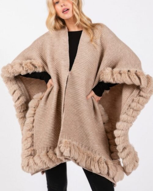 faux fur trim cape with closure