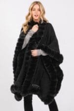 Faux Fur Collar And Trim Cape With Closure