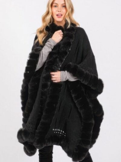 Faux Fur Collar And Trim Cape With Closure