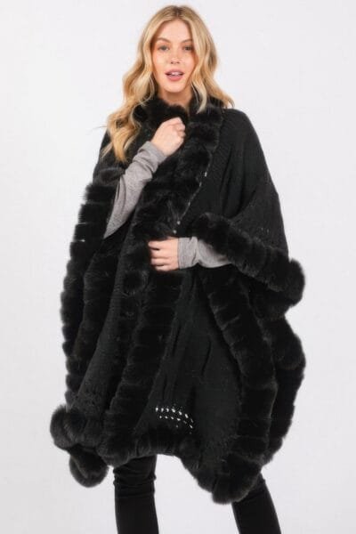 Faux Fur Collar And Trim Cape With Closure