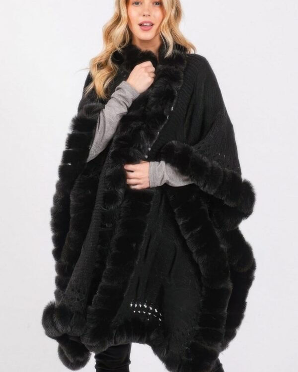 Faux Fur Collar And Trim Cape With Closure