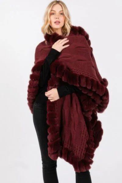 Faux Fur Collar And Trim Cape With Closure