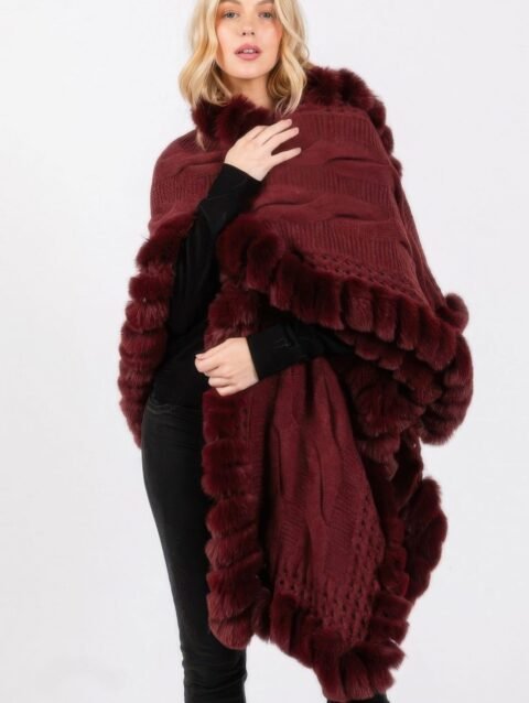 Faux Fur Collar And Trim Cape With Closure
