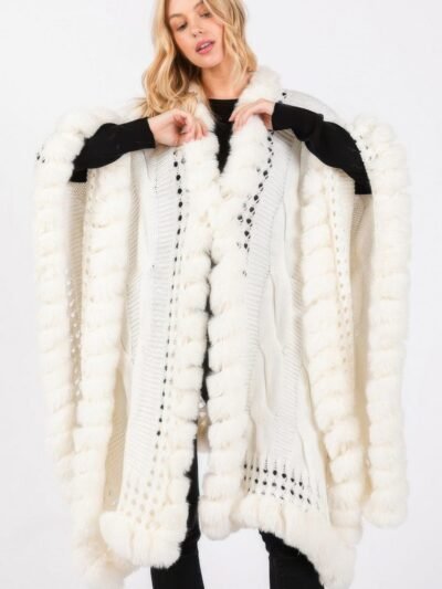 Faux Fur Collar And Trim Cape With Closure Faux Fur Collar And Trim Cape With Closure