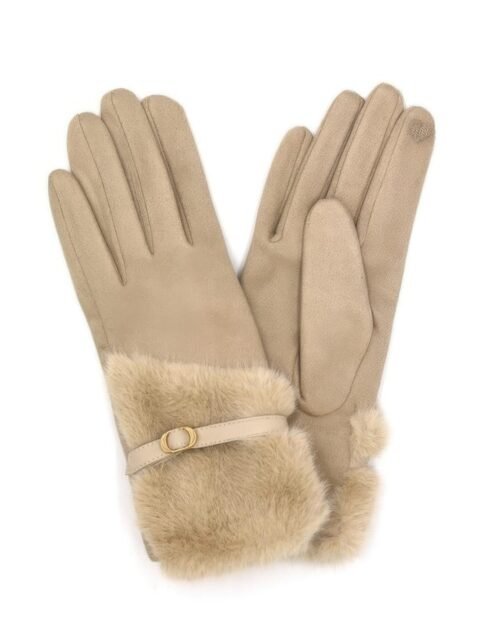 Faux Fur And Strap Cuff Smart Touch Gloves.