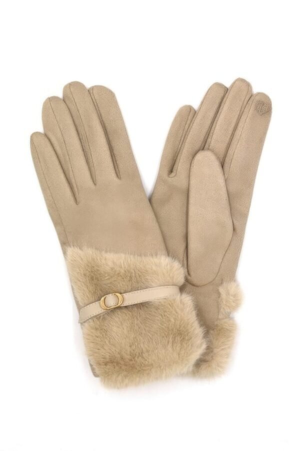 Faux Fur And Strap Cuff Smart Touch Gloves.