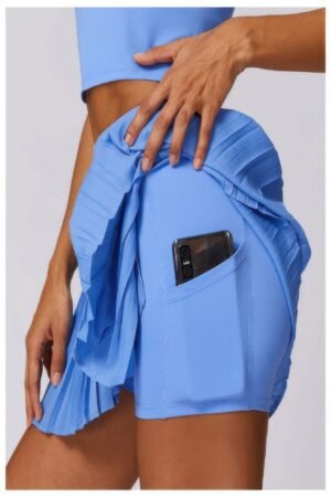 Pleated Solid Wide Waistband Sports Pocket Skirt
