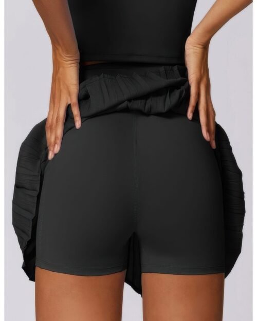 pleated solid wide waistband sports pocket skirt