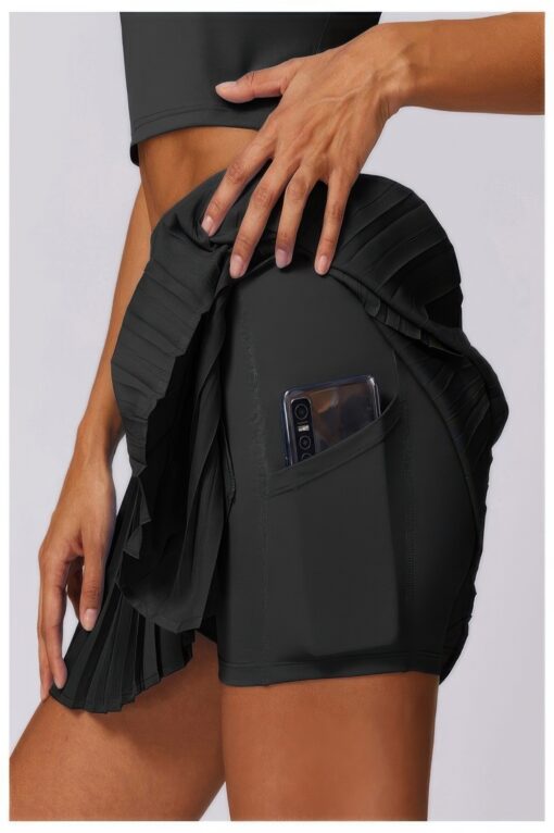 Pleated Solid Wide Waistband Sports Pocket Skirt - Image 7