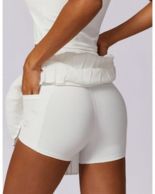 pleated solid wide waistband sports pocket skirt