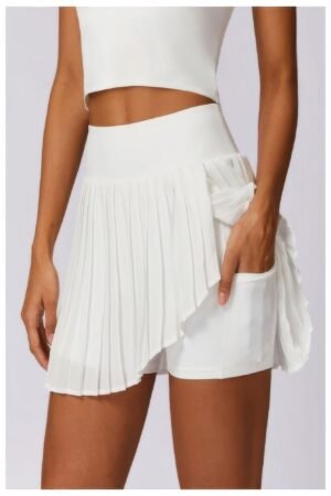 Pleated Solid Wide Waistband Sports Pocket Skirt