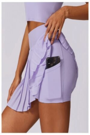 Pleated Solid Wide Waistband Sports Pocket Skirt