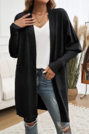 Knit Open Front Bishop Sleeves Pockets Cardigan Knit Open Front Bishop Sleeves Pockets Cardigan