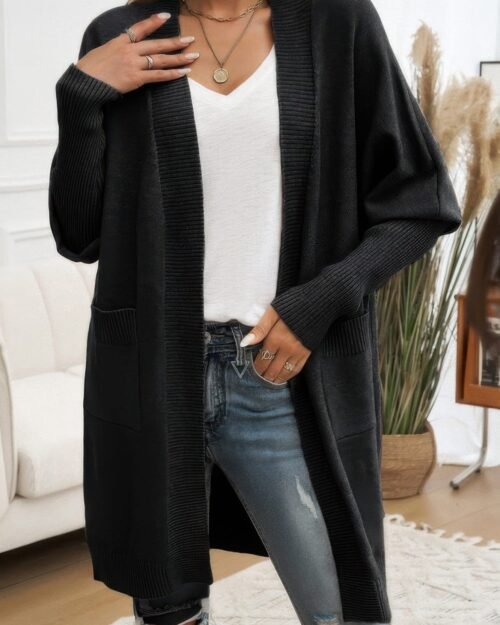 Knit Open Front Bishop Sleeves Pockets Cardigan
