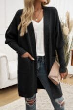 Knit Open Front Bishop Sleeves Pockets Cardigan