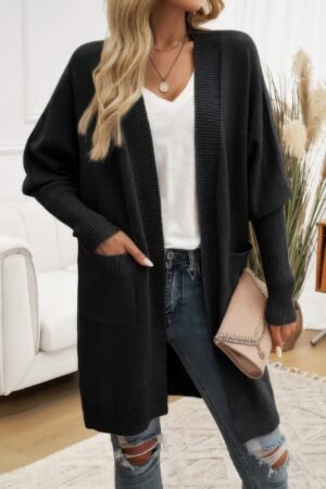 Knit Open Front Bishop Sleeves Pockets Cardigan Knit Open Front Bishop Sleeves Pockets Cardigan