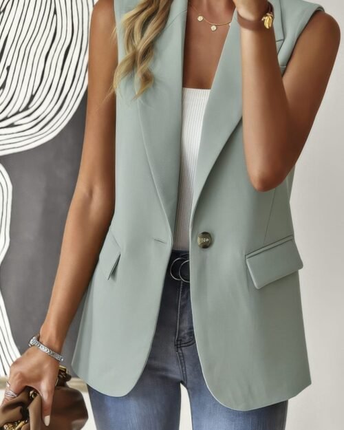 Sleeveless Solid Pockerts Button Front Open Suit