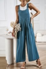 Solid Wide Leg Pocketed Shoulder Tie Overalls - Image 2