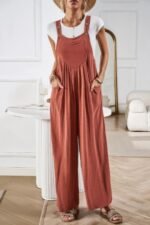 Solid Wide Leg Pocketed Shoulder Tie Overalls - Image 15